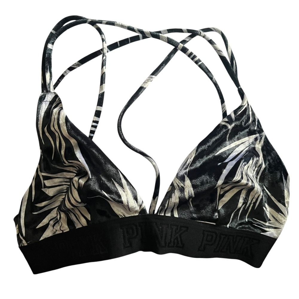 PINK Victoria's Secret Black‎ Palm Print Velour Criss Cross Bralette Sz Medium